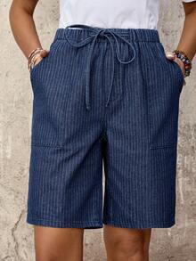 EMERY ROSE Mature Denim Quần short denim kẻ sọc, cạp chun, có túi, kiểu dáng thường ngày. - Màu xanh lam - Xem 5