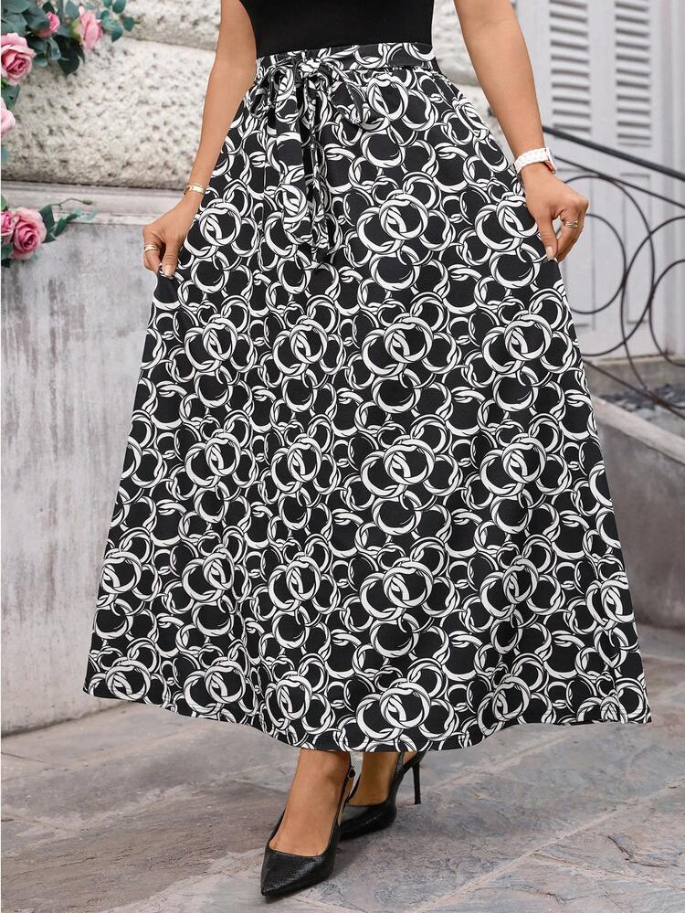 Plus Size Women Casual Vacation Style Allover Print Belted A-Line Skirt Summer Long Skirt Black Skirt Summer Formal Attire For Women High Waist Skirts Black And White Skirt Print Skirts For Women Summer For Women Beach For Women Casual Vacation Women Country Concert Peplum
