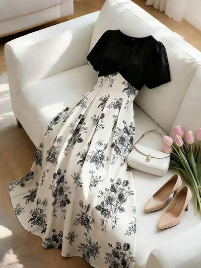 SHEIN Franclia Elegant Round Neck Puff Sleeve Short Sleeve Elastic Waist Floral Print Dress, Suitable For Spring, Summer, Autumn And Winter, Elegant Ladies Casual Dress, Suitable For Leisure, Vacation And Commuting