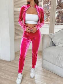 SHEIN EZwear Pink Velvet Two Pieces Set Yoga Sportswear Zip Up Jacket & Leggings Hot Pink Set Woman 2 Piece Set 2 Piece Lounge Sets Woman Pink Matching Set Pink 2 Piece Set - Hot Pink - View 5