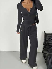 SHEIN EZwear 女士针织长袖上衣和裤子休闲套装（2件套） - 深灰色 - 查看 5