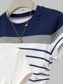 青少年女孩 T-shirt 3件組，白色，夏季，可愛，畢業，返校，櫻花、植物、花卉與藍白條紋印花修身短袖上衣 - 彩色 - 查看 4