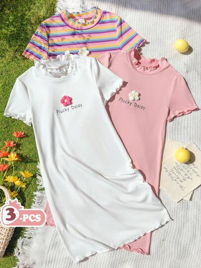 Vintaside Kids 女童多件套夏季立领短袖时尚修身针织连衣裙，适合日常休闲、聚会、旅行和度假。