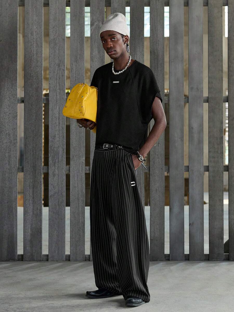 NEON BLANC Men's Casual Commuter Fashion Street Striped Print Pleated Loose Wide Leg Pants, Belt Not Included - Black - View 1
