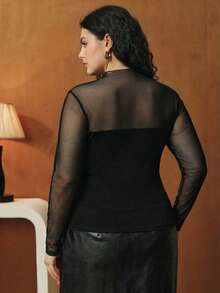 Anewsta 春夏新款优雅时尚休闲新年假日派对性感透视网纱拼接弹力修身长袖针织T恤，黑色，大码 - 黑色 - 查看 3