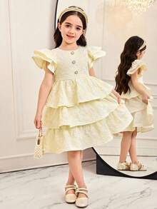 SHEIN Young Girl Woven Solid Color Collared Puff Sleeve Fitted Casual Dress - Yellow - View 2