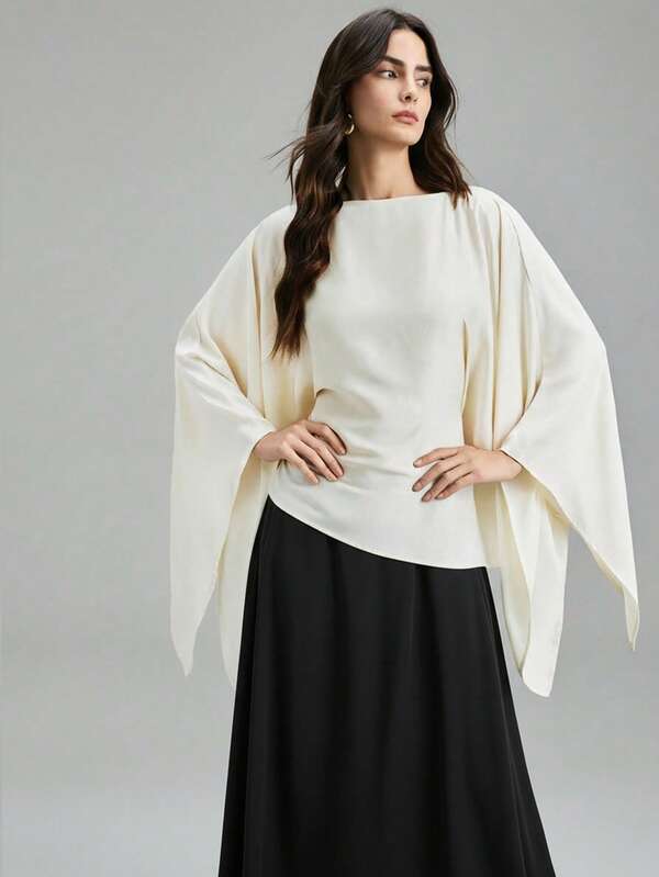 Ontre 2026 Spring/Summer New Beige Oversized Cuff Ruched Waist Women's Top, Suitable For Modern Urban Party, Back To School Season, Urban Minimalist Casual Daily Wear, Bohemian Style, Vacation, Festivals, Spring, Valentine's Day Carnival Outfit, Women's Beach & Party Elegant