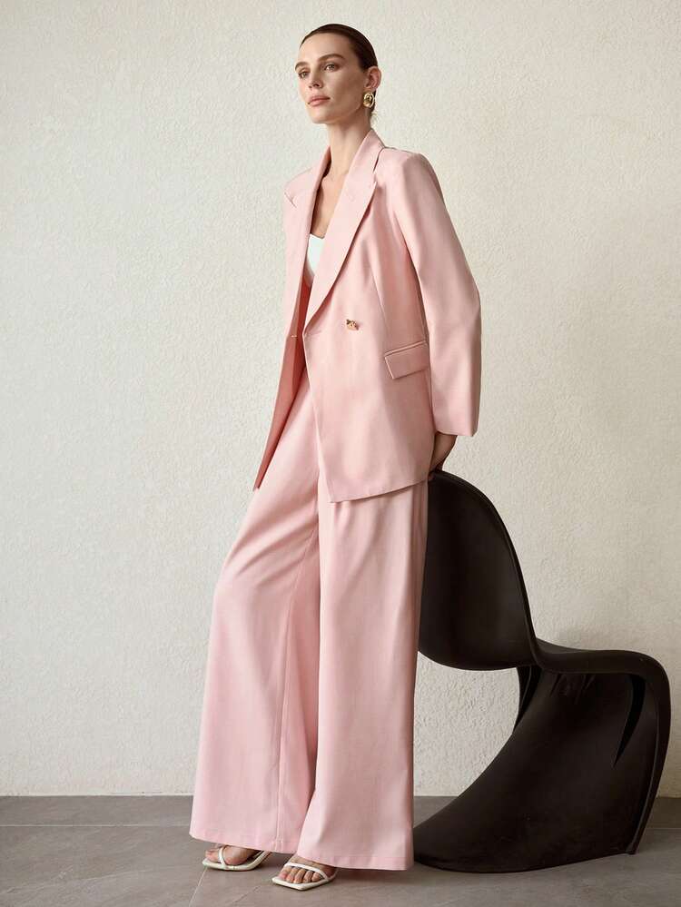 2PCS WOMEN'S FASHIONABLE WAIST CINCHED BLAZER AND WIDE LEG SUIT PANTS, PINK