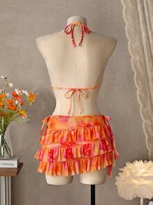 Bellisia Women's 3-Piece Floral Print Sexy Spaghetti Strap V-Neck Halter Bikini Top, Tie Side Triangle Bottoms, And Ruffle Hem Skirt Swimsuit Set, Summer - Multicolor - View 2