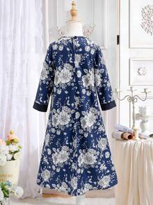 SHEIN Young Girls Casual Back To School Spring Blue White Dress Print - Navy Blue - View 2