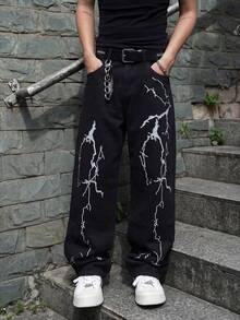 Manfinity EMRG Loose Men's Lightning Print Wide Leg Jeans - Black - View 5