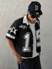 Manfinity ZONE917 男士休闲撞色数码印花衬衫，夏季 - 黑色 - 查看 4