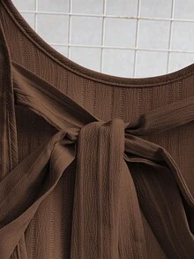 SHEIN Tall Women's Summer Woven Backless Tie Strap Sleeveless A-Line Ruffle Hem Casual Mini Dress - Coffee Brown - View 4