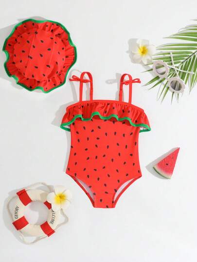 Baby Girls Beachwear,Baby Girl's One-Piece Swimsuit, Featuring Thin Straps And Bowknot Decoration, Made Of Knitted Polyester With A Digital Watermelon Pattern. Includes A Matching Hat. A Cute Beach Swimsuit, Perfect For Summer Holidays And Beach Trips. This Watermelon Print One-Piece Swimsuit Is Ideal For Summer Swimming Vacations, Water Park Activities, And Spring/Summer Holiday Swimming.