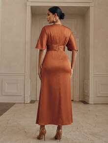 Anewsta Women's Elegant Party Summer Rusty Orange V-Neck Batwing Sleeve Dress,Waist Ruched Rhinestone Decor Cinched Satin Mermaid Hem Valentine's Day Dress - Redwood - View 5