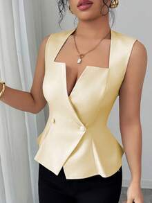 Elenzga 女士新款优雅荷叶边领A字无袖衬衫，适合通勤、度假、约会、外出、花园、家庭聚会、劳动节、节假日、独立日、返校季、教师节、万圣节、感恩节等场合。 - 黃色 - 查看 3