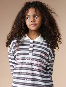SUMWON Girls Striped Long Sleeve Polo Shirt With NYC Text Print White Collar Button Front Top Casual Vacation - Blue - View 5