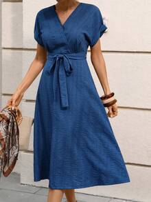 Editum Women's Regular Apricot V-Neck Tie-Up Linen Dress  Spring/Summer Beach Spring Summer Outfits Hides Belly - Blue - View 6