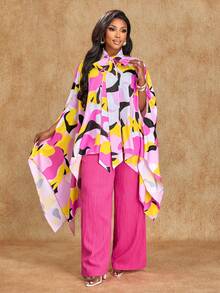 Brilight Bộ đồ hai mảnh dành cho nữ: Áo choàng in họa tiết châu Phi, vạt trước ngắn vạt sau bất đối xứng và quần ống rộng màu hồng đậm. - Màu Hồng Tươi - Xem 3