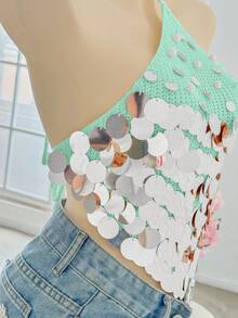 Flirla Sexy Versatile Vacation Style Beaded Halter Knit Top - Green - View 3