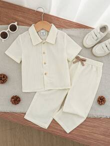 SHEIN 2pcs Baby Boy Vintage Textured Ribbed Polo Collar Shirt And Simple Long Pants Set, Suitable For Home And Outings - White - View 3