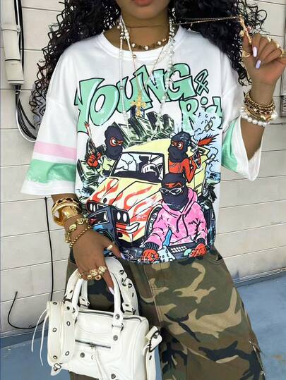 Rovax Women's Loose Fit Round Neck Short Sleeve Graphic Print Top