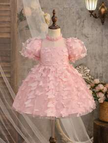 SHEIN 优雅可爱的粉色蝴蝶网纱短袖女婴连衣裙