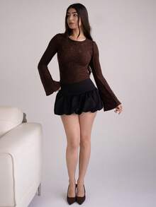 Andrea Bello 女士純色高腰荷葉邊迷你裙 - 黑色 - 查看 2