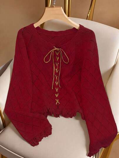 Franclia 时尚交叉绑带镂空撞色针织毛衣，欧美风格