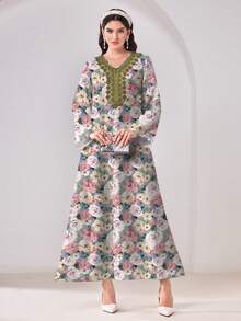 Al Najma Women's V-Neck Floral Print Casual Modest Party & Outing Arabic Style Dress - Multicolor - View 3