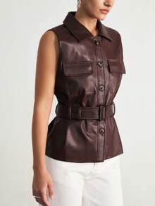 Aveloria Modichic Chaqueta de chaleco de cuero con diseño de moda, corte ajustado a la cintura, sin mangas y de solapa casual - Burdeos - Ver 2