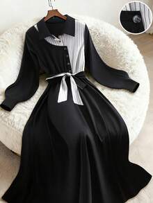 GlowEve Váy chữ A cổ bẻ in họa tiết sọc đen dành cho nữ kèm thắt lưng nơ và khuy cài, thanh lịch và đa năng cho trang phục hàng ngày, công sở, thường ngày, hẹn hò, phong cách đường phố, cổ điển, tiệc năm mới, đầu xuân/thu đông - Nhiều màu - Xem 6