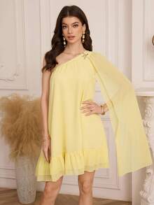 Modelyn Women's Solid Color Metal Decor Asymmetric Neckline Short Dress - Yellow - View 3
