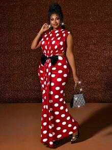 Maweii Vestido de fiesta, cumpleaños o Navidad para mujer de talla grande, elegante, con diseño de hombros fruncidos, decoración de lazo 3D exagerado y bloque de color, vestido de cóctel de moda para otoño/invierno - Rojo y blanco - Ver 5