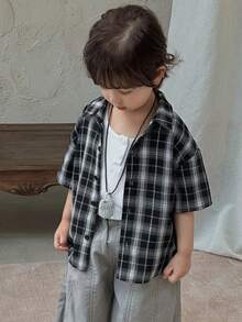 DAZY Young Boy Casual Loose Fit Graphic Print Drop Shoulder Shirt, Suitable For Daily Wear And Commuting, Summer Spring - Black - View 3