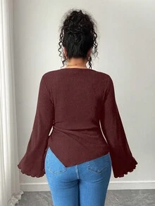 Elenzga 大码女式纯色高领喇叭袖不对称下摆休闲 T 恤 - 紅色 - 查看 2