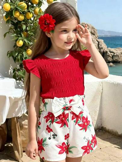 SHEIN 2件套女童4-7岁红色休闲提花面料圆领荷叶袖上衣和松紧腰提花短裤套装，适合春夏日常穿着、户外活动和休闲穿着。