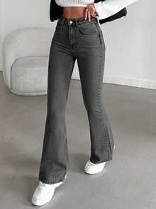 EURMUSE 98%Cotton Washed Casual Flare Jeans With Slanted Pockets - Dark Grey - View 4