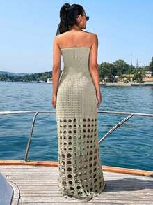 EURMUSE Women's Strapless Waist Cinched Ombre Hollow Out Cover Up Dress - Cream - View 6