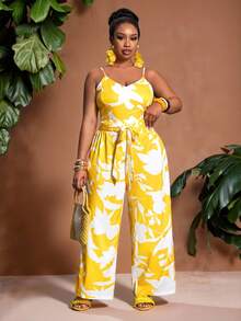 Slaydiva Spring/Summer New Music Festival, Easter, St. Patrick's Day, Western, Nomadic, Birthday Party, Casual, Vacation, Cruise Travel, Airport Floral Print Holiday Camisole Top And Wide Leg Pants Plus Size Women 2-Piece Set - Yellow - Yellow - View 8