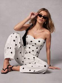 Hauture Women's Polka Dot Pattern Pocket Loose Fit Flared Jeans - White - View 3