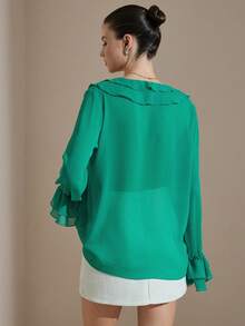 Revavyn Blusa romântica verde com mangas flare e babados, estilo retrô, fresca e vibrante, com design de mangas flare e babados. - Verde - Ver 2