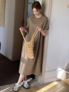 DAZY 少女纯色简约休闲圆领短袖连衣裙 - 棕色 - 查看 2