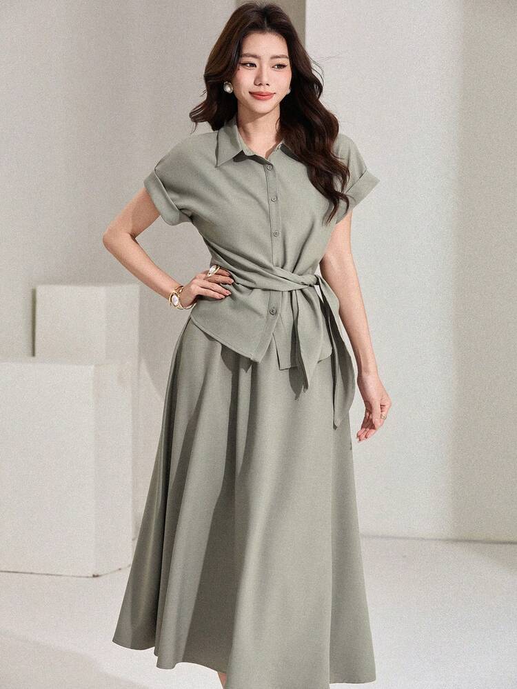 Spring/Summer Elegant Office Outfit, Loose Top And Skirt Set, Designed For Valentine's Day, Commuting, Old Money Style