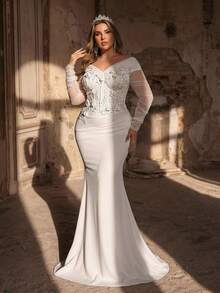 Glamrae 大码优雅浪漫白色露肩长袖薄纱奢华贴花装饰美人鱼裙摆连衣裙，适合婚礼、新娘礼服、情人节等场合。 - 白色 - 查看 6