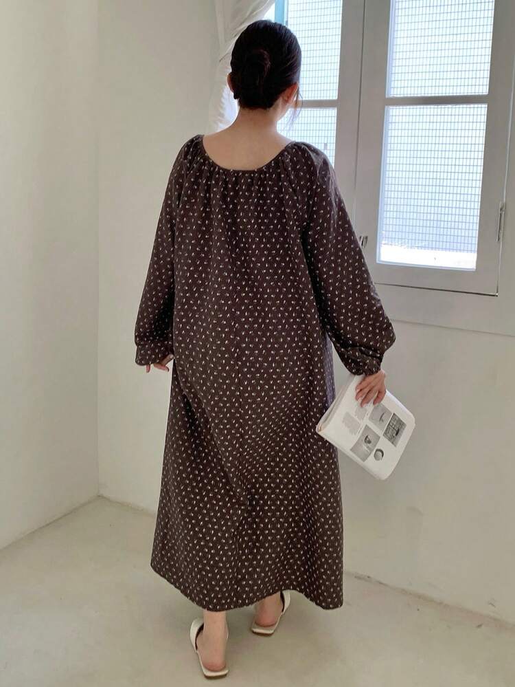 Dazy Plus Ditsy Floral Drawstring Lantern Sleeve Loose Fit Long Nightgown, Spring/Summer Home Wear