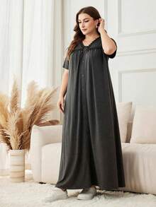 Lacomfia V-Neck Casual Everyday Fashionable Simple Gray Dress For Women Plus Size, With Knit Patchwork Lace Rivet Decor Design, Short Sleeve, Flared Hem - Dark Grey - View 7