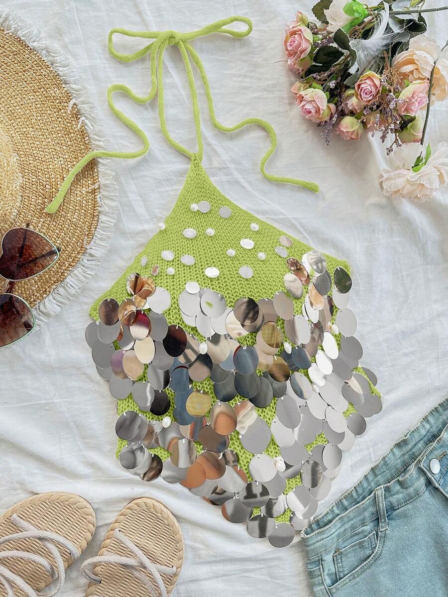 Sunnyshic Áo len cổ yếm đính hạt, gợi cảm, đa năng, phong cách nghỉ dưỡng - màu xanh lá - Xem 1