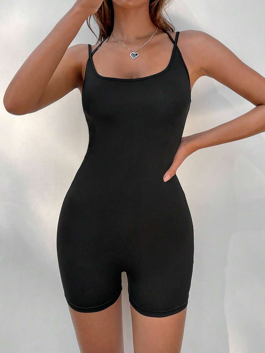 SHEIN EZwear Đơn vị Nữ Lộ Lưng màu trơn - màu đen - Xem 1