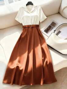 Franclia 优雅短袖翻领弹力腰拼接撞色中长连衣裙，适合春、夏、秋、冬四季穿着，可用于派对、度假、约会、聚会等场合，风格优雅、休闲、百搭，也适合通勤和日常穿着。 - 彩色 - 查看 4